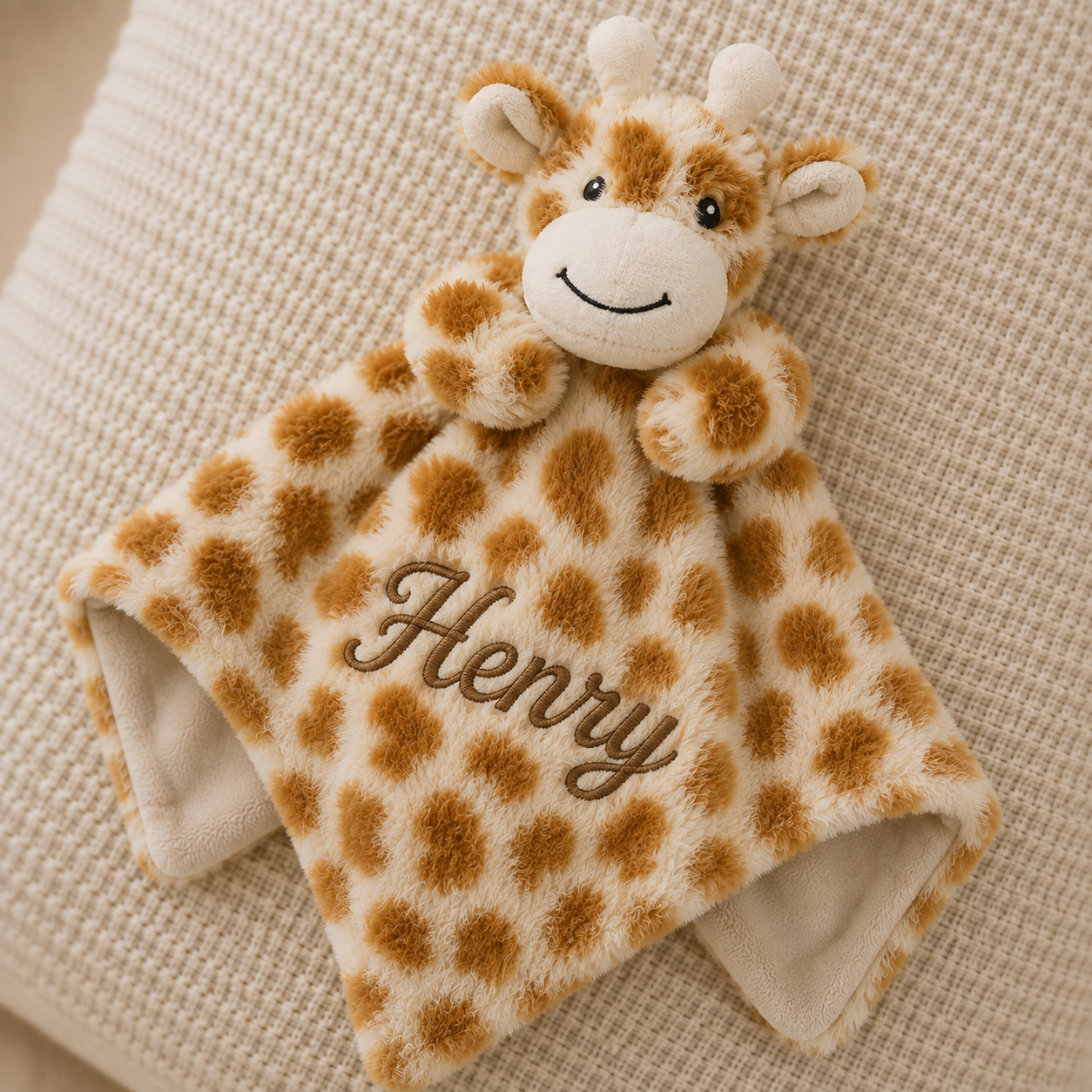 A plush giraffe security blanket with a soft square attachment, featuring a cream and tan giraffe pattern, a smiling plush face, and the name 'Henry' embroidered in brown script on the front, displayed on a textured beige blanket.