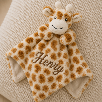 A plush giraffe security blanket with a soft square attachment, featuring a cream and tan giraffe pattern, a smiling plush face, and the name 'Henry' embroidered in brown script on the front, displayed on a textured beige blanket.