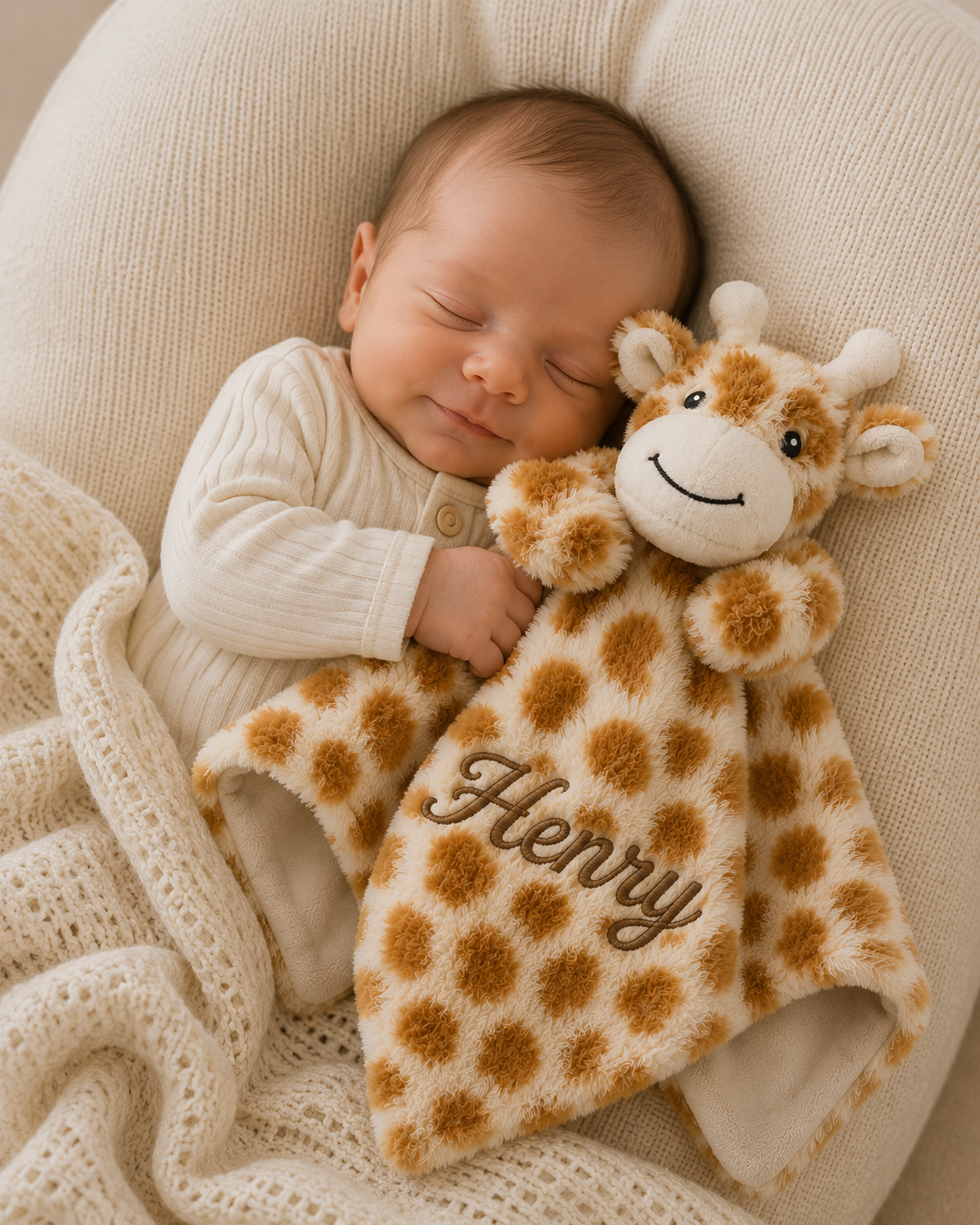 A sleeping newborn baby in a cream ribbed onesie rests on a textured cream blanket, holding a plush giraffe security blanket personalized with the name 'Henry' in brown cursive embroidery.