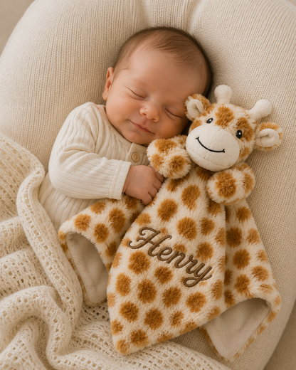 A sleeping newborn baby in a cream ribbed onesie rests on a textured cream blanket, holding a plush giraffe security blanket personalized with the name 'Henry' in brown cursive embroidery.