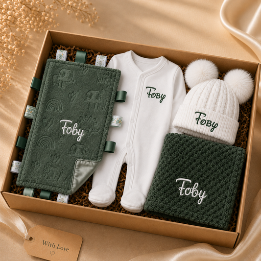 Baby gift set with green book, white onesie, and hat in a box on a beige background