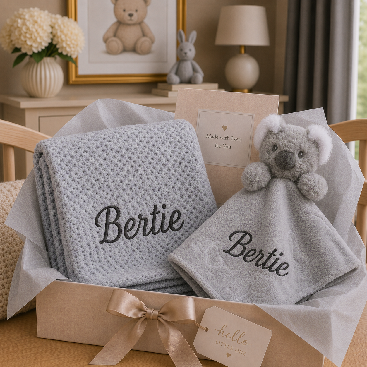Personalised grey bubble blanket and fluffy bear comforter baby gift box embroidered with name Bertie