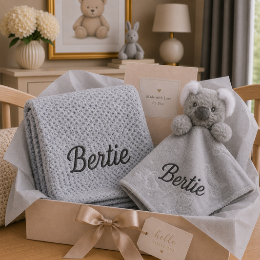 Personalised grey bubble blanket and fluffy bear comforter baby gift box embroidered with name Bertie