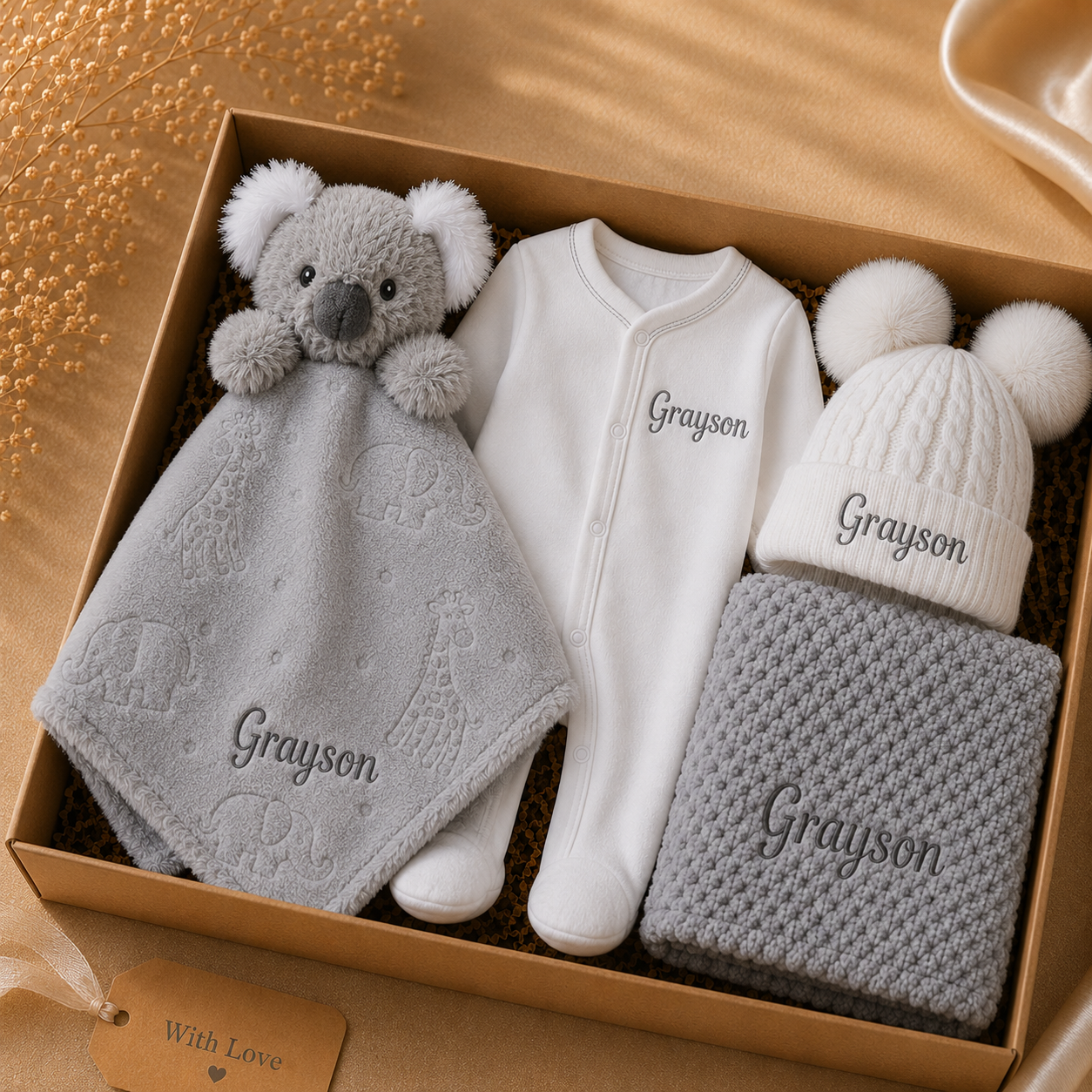 Baby gift set with gray blanket, white outfit, and hat in a box on a wooden surface.