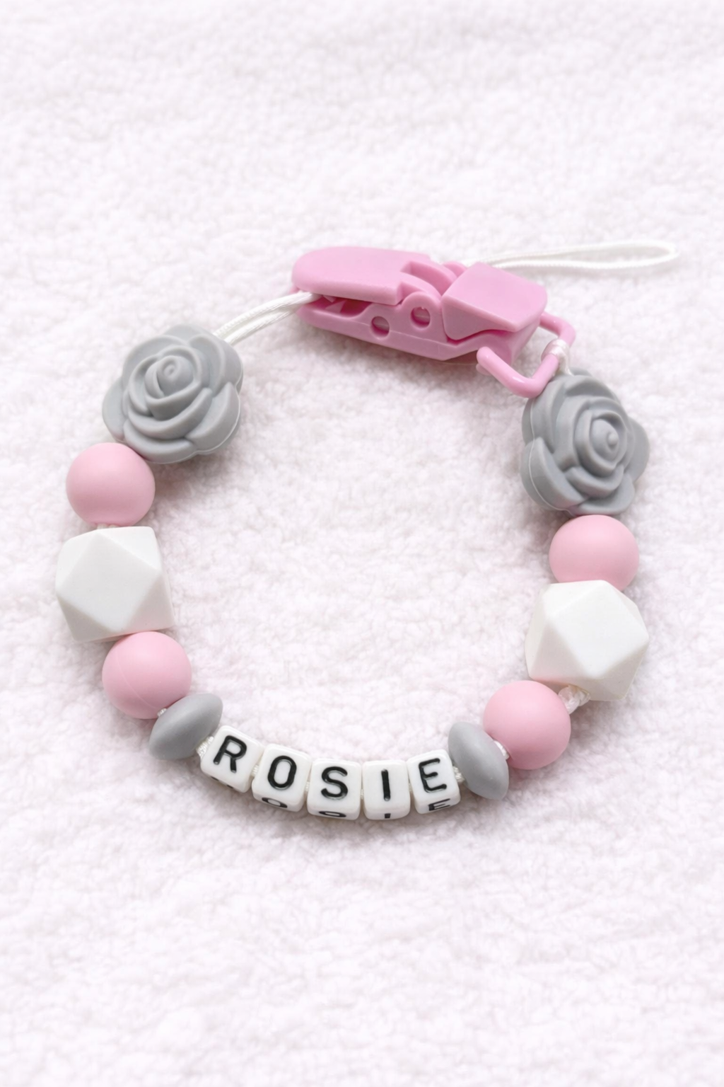 Personalised Grey & Pink Rose Flower Dummy Clip (Small Plastic Letter Design)