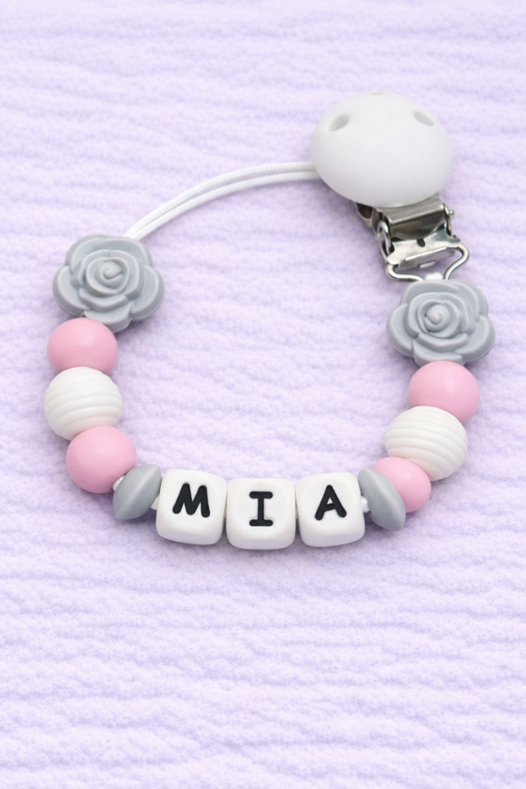 Personalised Grey Rose Flower Dummy Clip (Silicone Letter Design)