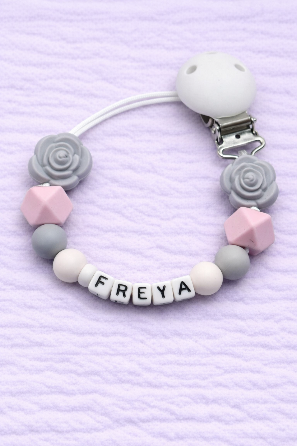 Personalised Grey Rose Flower Dummy Clip (Small Plastic Letter Design)