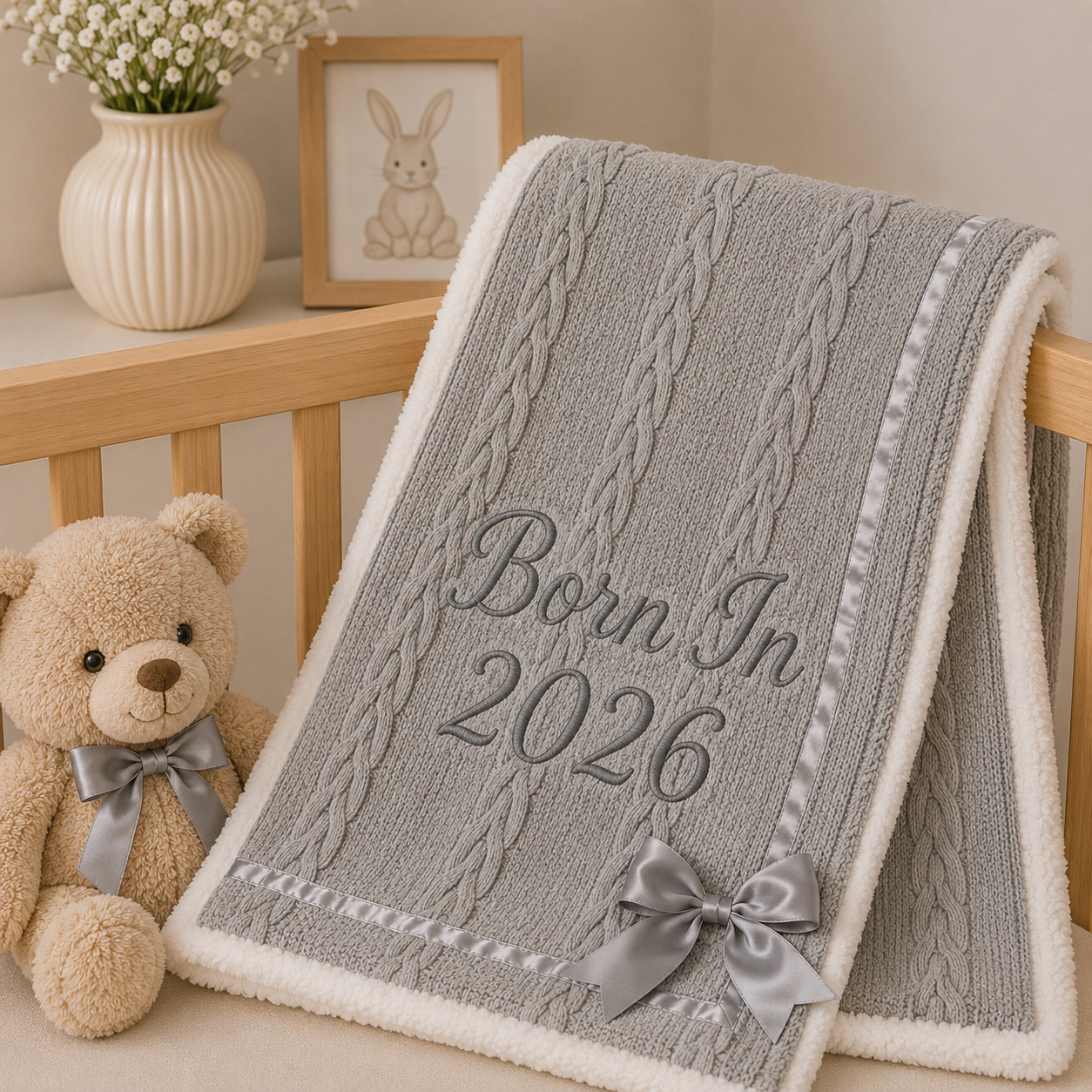A gray cable-knit baby blanket with a white sherpa border, personalized with the text 'Born In 2026' and a gray satin bow, styled on a wooden crib next to a teddy bear and a framed bunny picture.
