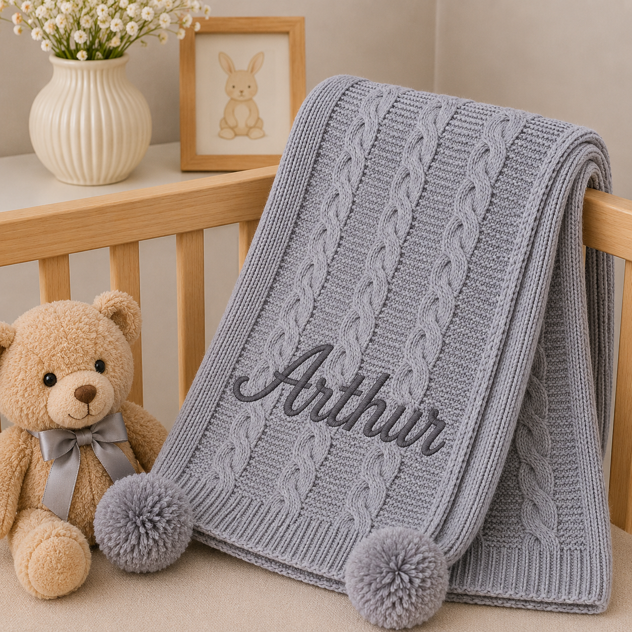 A light gray cable-knit baby blanket draped over a wooden crib, personalized with the name 'Arthur' in dark gray script and finished with two pom-poms. A beige teddy bear and a white vase with flowers are placed beside it in a nursery setting.