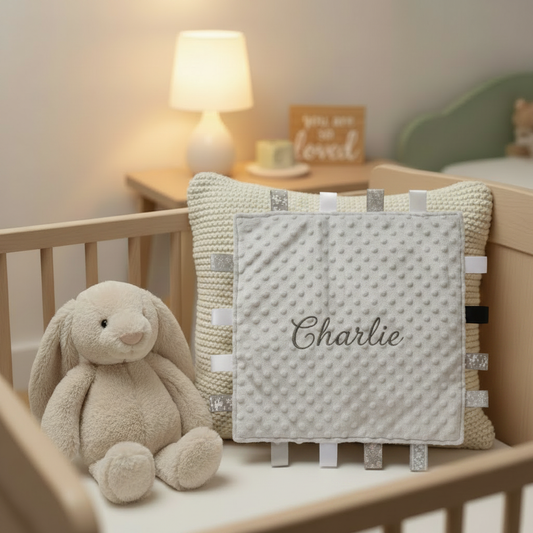 Personalised grey taggy comforter with Charlie embroidered in silver grey thread nursery lifestyle