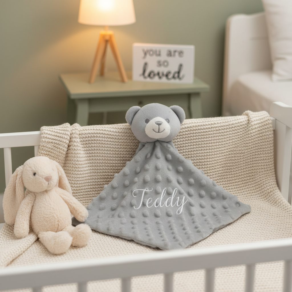 Personalised grey teddy bear baby comforter with dimple minky body, embroidered with a name in a nursery setting