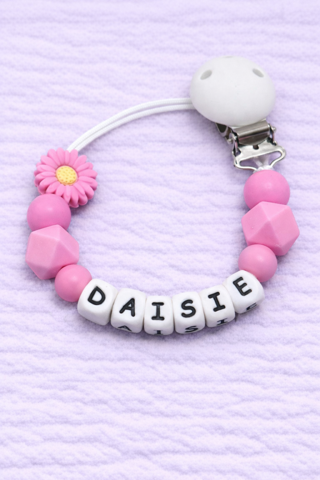 Personalised Hot Pink Daisy Flower Dummy Clip (Silicone Letter Design)