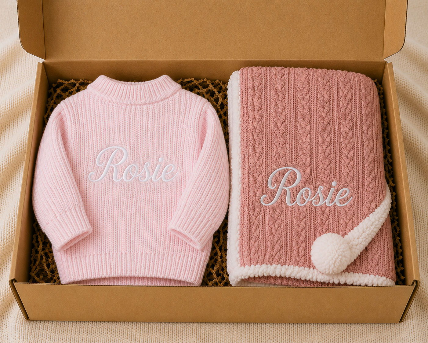 Pink baby sweater and blanket set with 'Rosie' embroidery in a cardboard box.