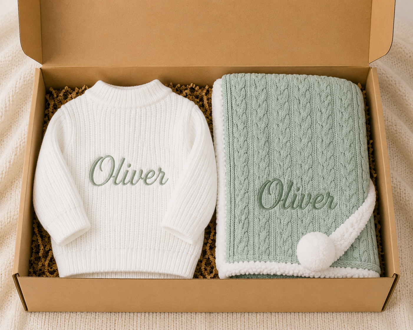 White sweater and green blanket with 'Oliver' embroidery in a cardboard box.