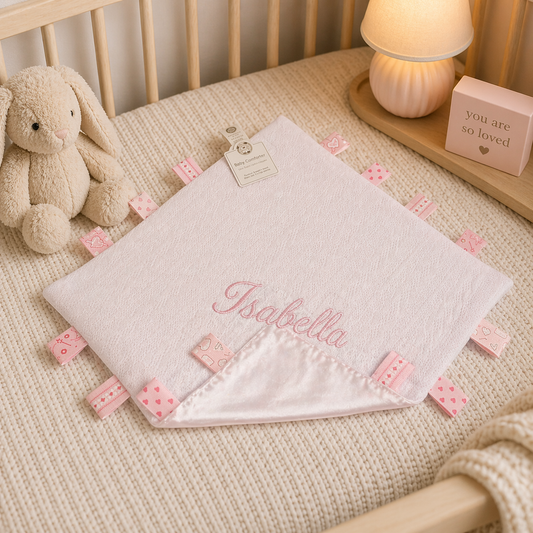 Baby blanket with embroidered name 'Isabella' on a crib with plush toys and decor.