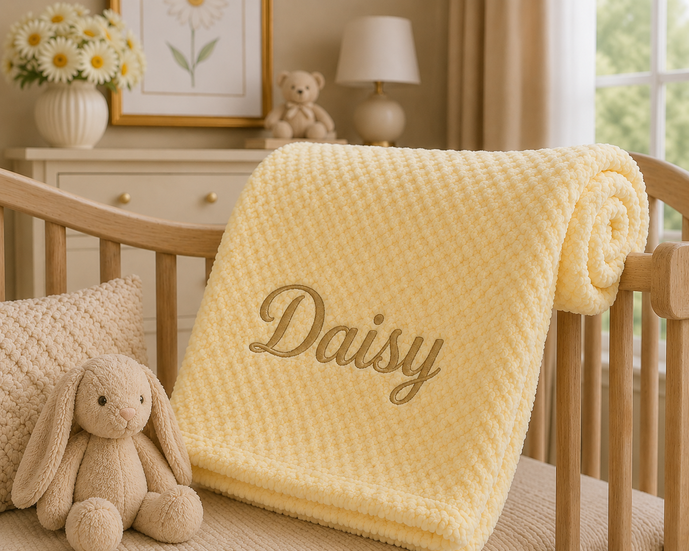 A pale yellow textured blanket with the name 'Daisy' embroidered in brown script, draped over a wooden crib in a softly styled nursery. A plush bunny toy and a matching pillow rest beside the crib.