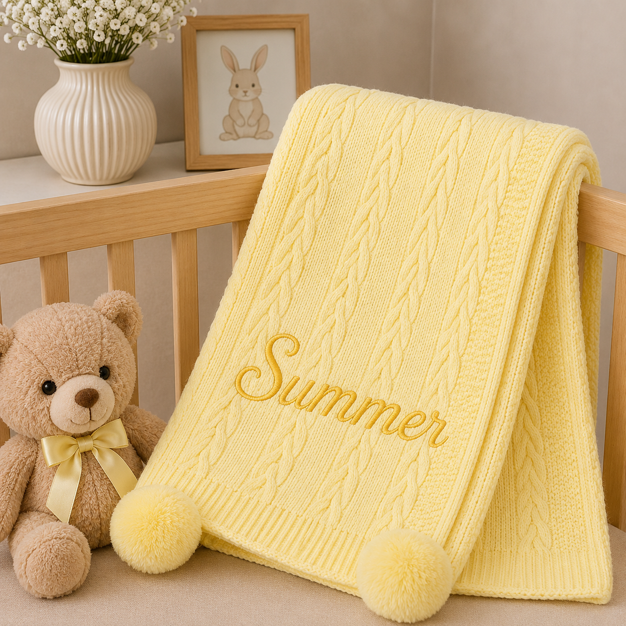 A pale yellow cable-knit baby blanket with 'Summer' embroidered in yellow script, draped over a wooden crib next to a teddy bear and a small bunny picture frame.