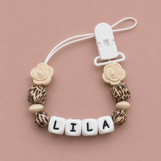 Personalised Leopard Print Rose Flower Dummy Clip (Silicone Letter Design)