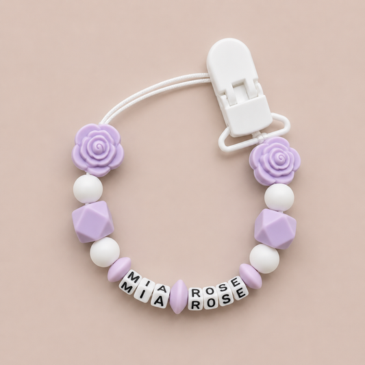Personalised Lilac Rose Flower Dummy Clip (Plastic Letter Design)