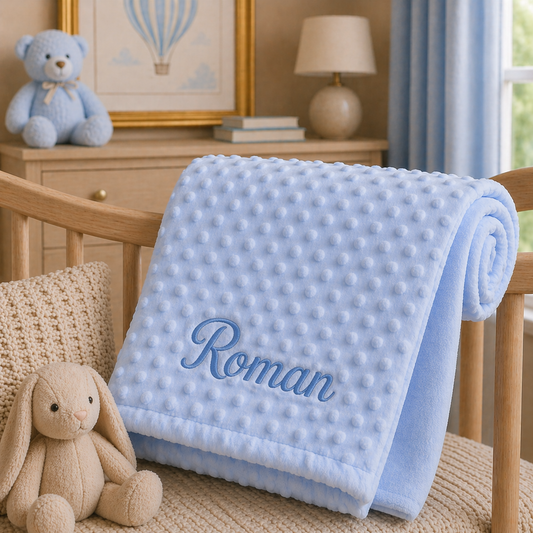 Blue textured blanket with 'Roman' embroidered on it, placed on a wooden chair in a nursery setting.
