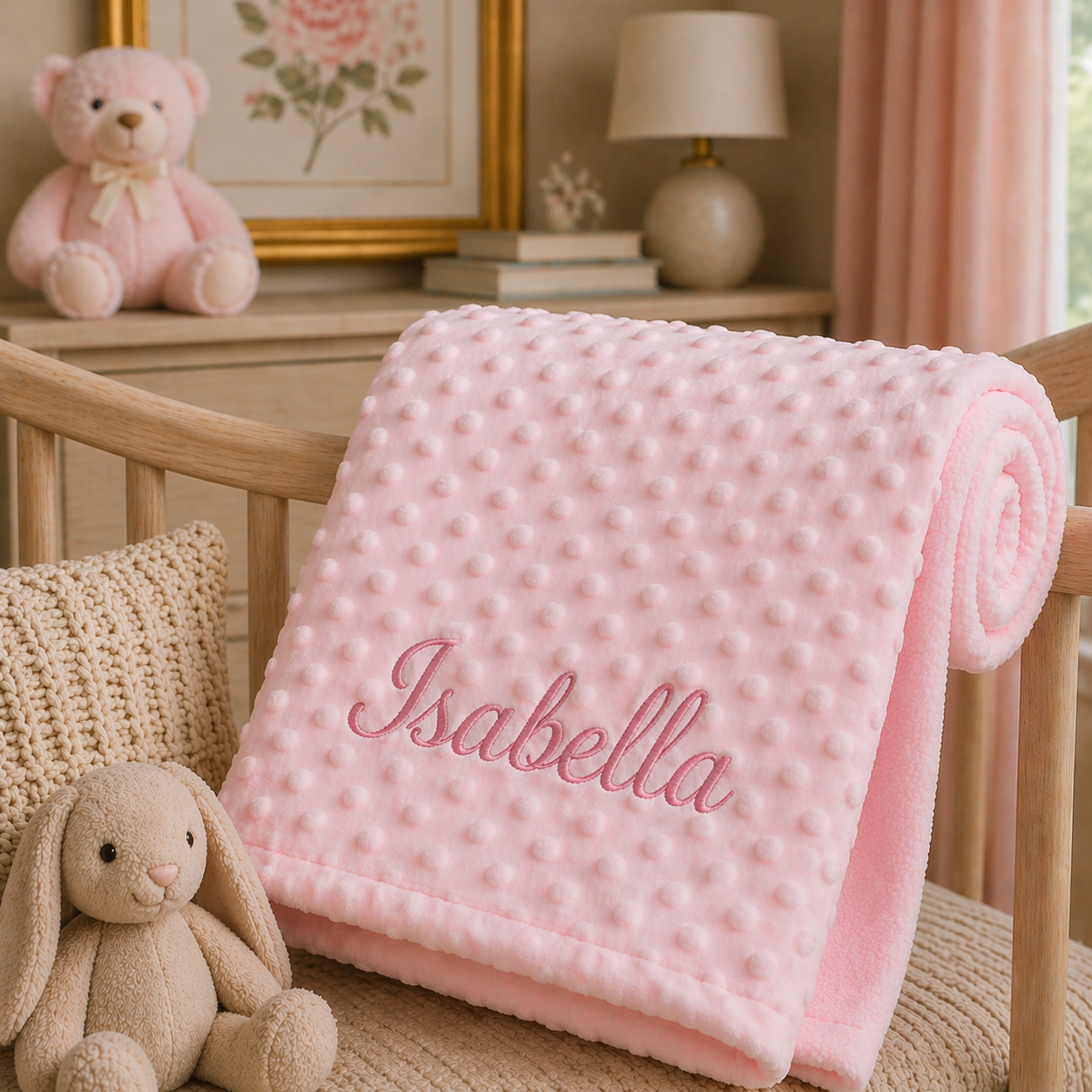 Pink textured blanket with 'Isabella' embroidered on it, placed in a crib with teddy bear and lamp in the background.