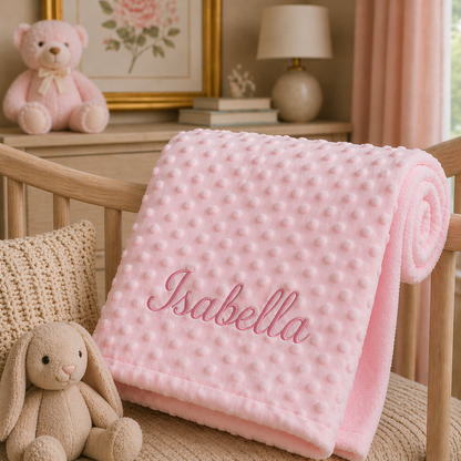 Pink textured blanket with 'Isabella' embroidered on it, placed in a crib with teddy bear and lamp in the background.