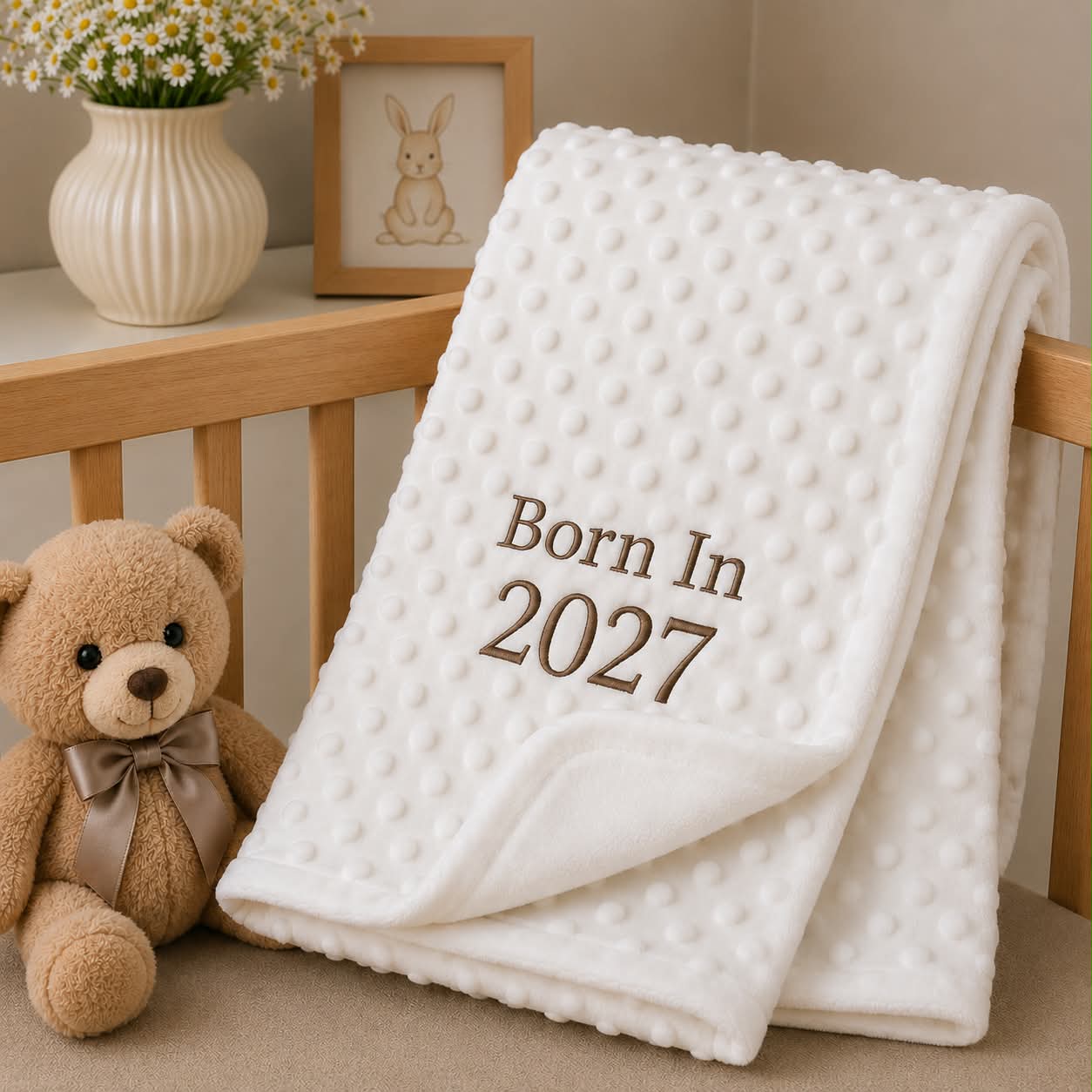 Personalised white mink dot baby blanket with embroidered text, draped over a cot