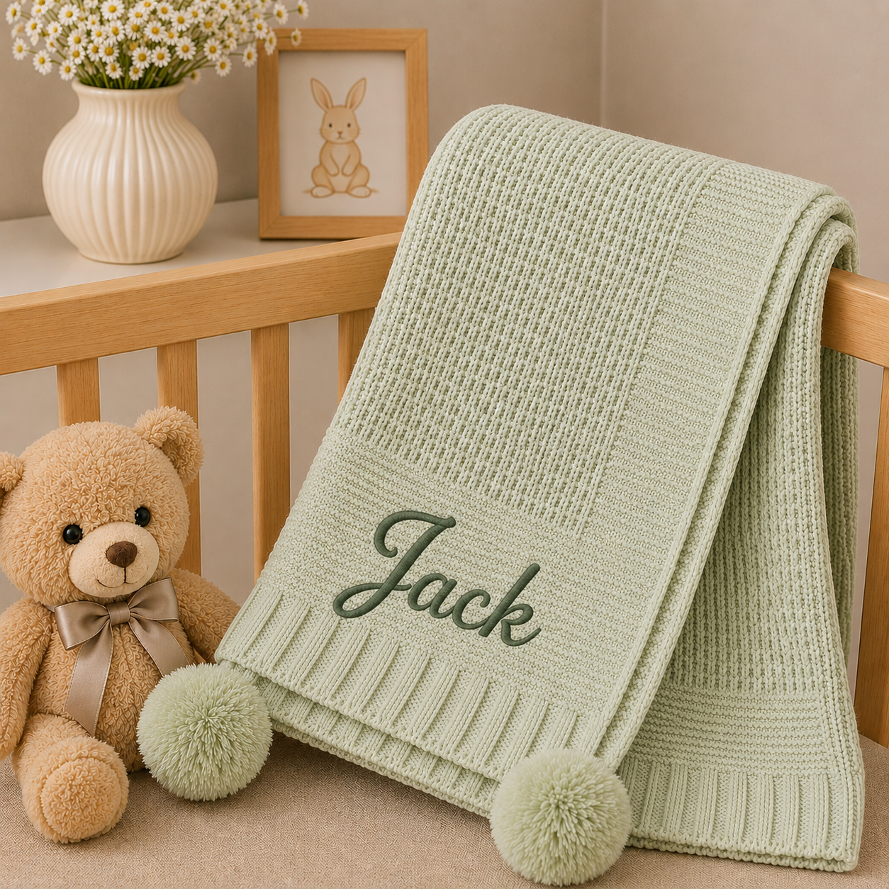 A pale sage green knit baby blanket with pom-poms and the name 'Jack' embroidered on it, styled on a wooden crib next to a teddy bear and a small bunny picture frame.