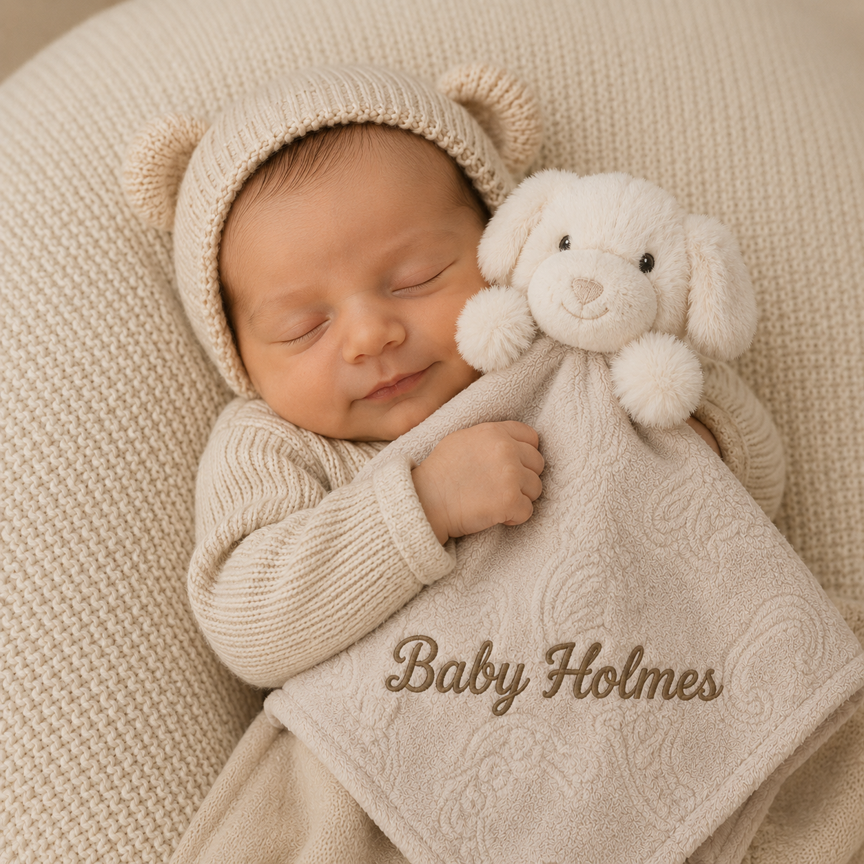 Newborn baby sleeping peacefully with a soft toy, wrapped in a blanket with 'Baby Holmes' embroidery.