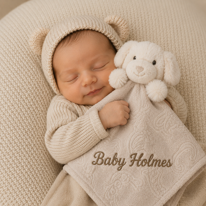 Newborn baby sleeping peacefully with a soft toy, wrapped in a blanket with 'Baby Holmes' embroidery.