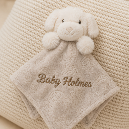 Baby comfort blanket with embroidered name and plush toy on a textured beige background
