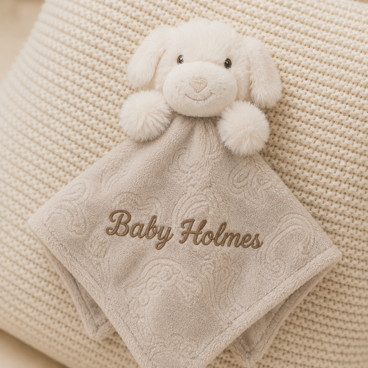 Baby comfort blanket with embroidered name and plush toy on a textured beige background