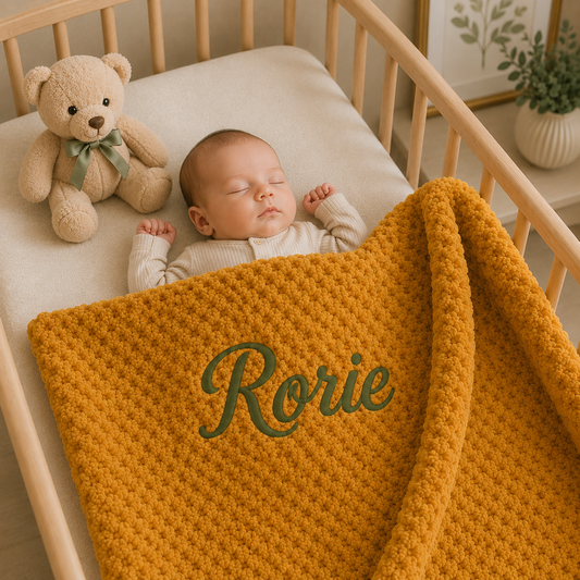 A cosy newborn tucked into a wooden crib under a personalised mustard bubble blanket embroidered with "Rorie" in emerald green. A heartwarming keepsake blanket and special gift from Nana.