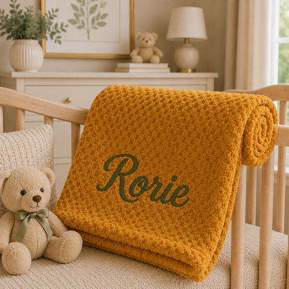Soft Mustard bubble baby blanket embroidered with "Rorie" in emerald green, beautifully styled over a wooden crib in a neutral nursery. A thoughtful keepsake gift for a new baby, baby shower or Nana