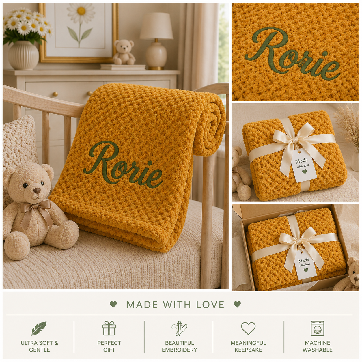 Premium personalised Mustard bubble blanket embroidered with "Rorie" in emerald green. Soft, cosy and beautifully presented with nursery, close-up embroidery and gift box lifestyle images. A meaningful keepsake gift for babies and proud Nanas.