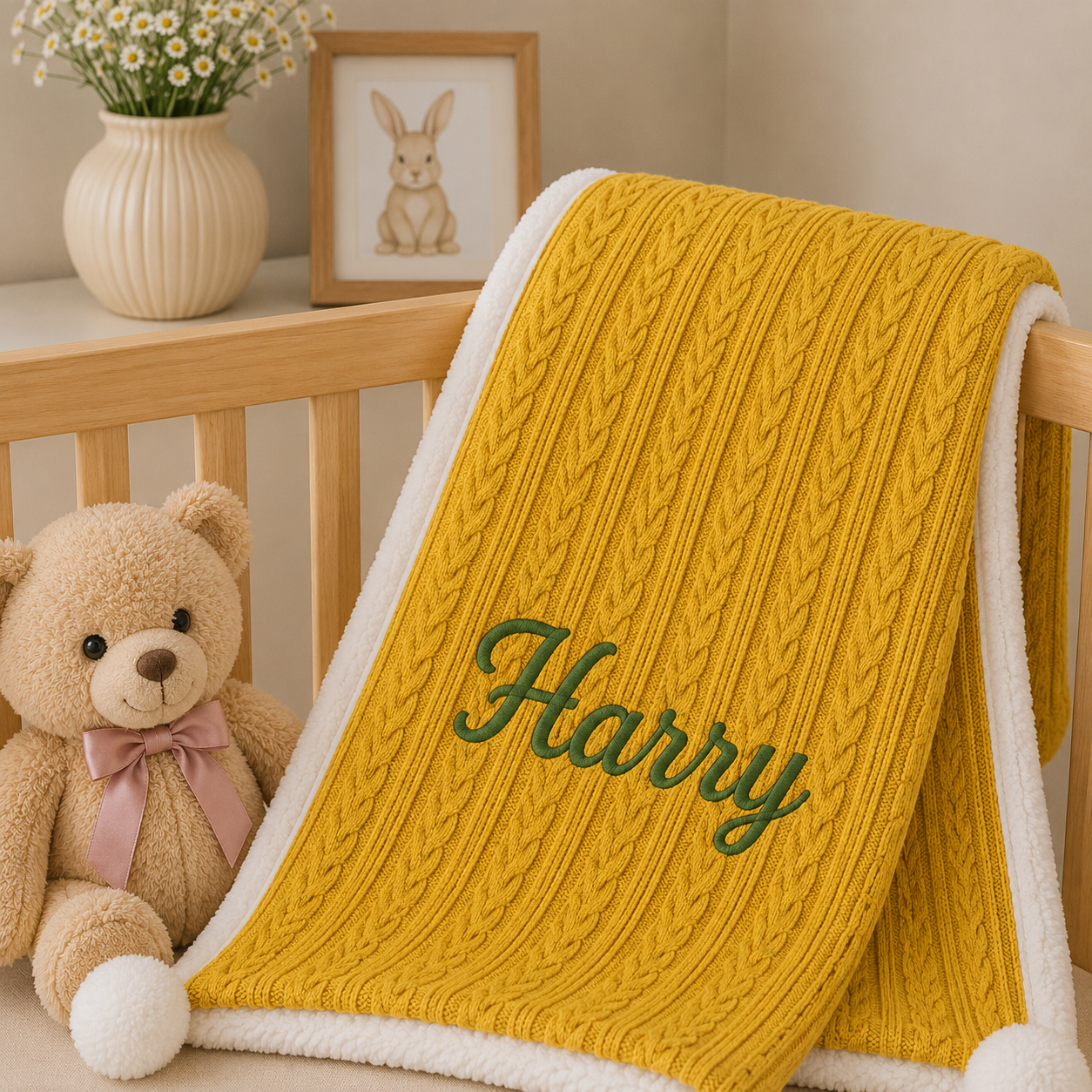 A yellow cable-knit baby blanket with a white sherpa border and the name 'Harry' embroidered in green, draped over a wooden crib next to a teddy bear and a vase of daisies.