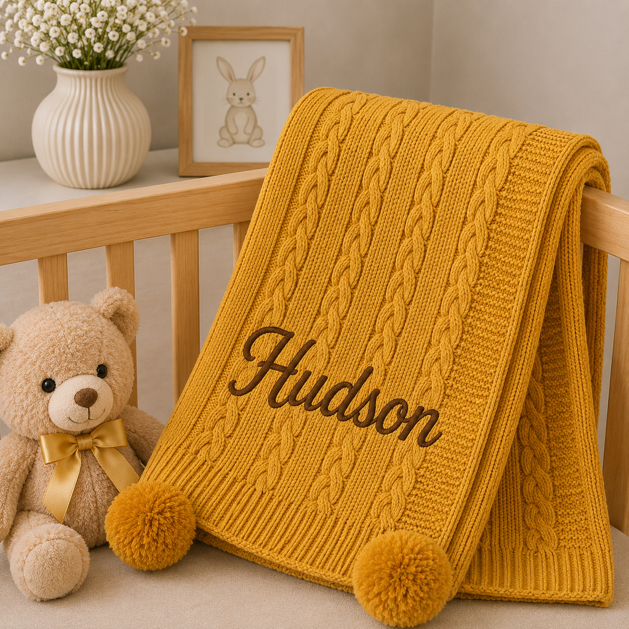 A mustard yellow cable-knit baby blanket with two pom-poms and the name 'Hudson' embroidered in brown, draped over a wooden crib next to a teddy bear and a small bunny picture frame.