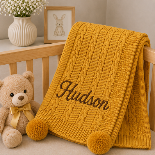 A mustard yellow cable-knit baby blanket with two pom-poms and the name 'Hudson' embroidered in brown, draped over a wooden crib next to a teddy bear and a small bunny picture frame.