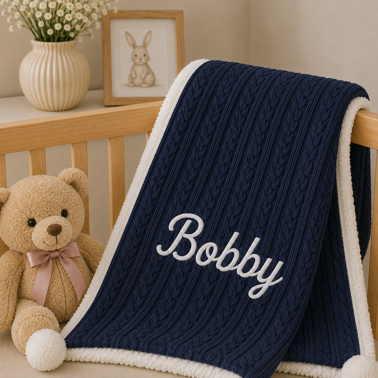 A navy blue cable-knit baby blanket with a white sherpa border and the name 'Bobby' embroidered in white script, draped over a wooden crib next to a teddy bear and a framed bunny picture.