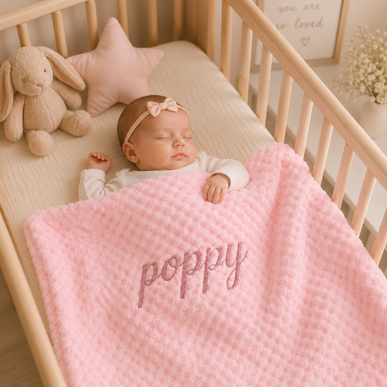 A cosy newborn tucked into a wooden crib under a personalised pink bubble blanket embroidered with "Poppy" in Rose Gold. A heartwarming keepsake blanket and special gift from Nana.