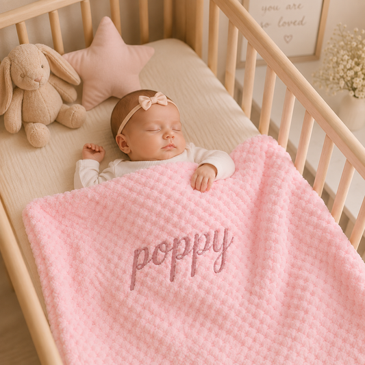 A cosy newborn tucked into a wooden crib under a personalised pink bubble blanket embroidered with "Poppy" in Rose Gold. A heartwarming keepsake blanket and special gift from Nana.