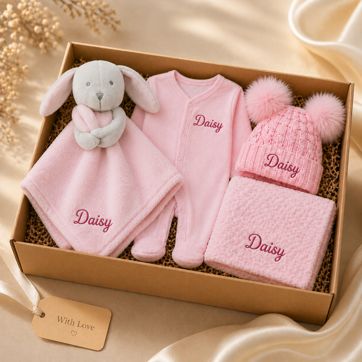 Baby gift set with pink outfit, hat, and blanket with 'Daisy' embroidered, accompanied by a plush toy and tag on a beige background.