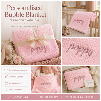 A collage showing a pink personalized bubble blanket with embroidered name 'poppy', presented in a basket with a cream ribbon, in a crib, with a baby wrapped in it, and in a gift box. Text on the image reads 'Personalised Bubble Blanket' and lists features like 'Personalised with name', 'Ultra soft & gentle', and 'Perfect baby gift'.