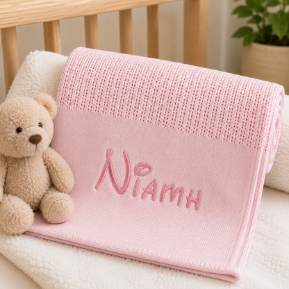 Personalised pink cellular cotton knitted baby blanket with embroidered name