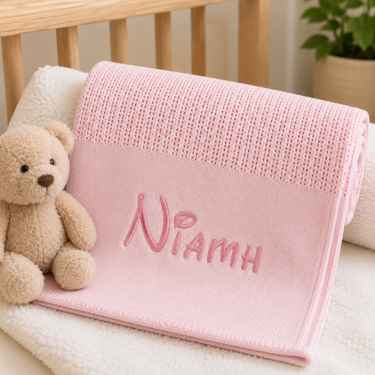 Personalised pink cellular cotton knitted baby blanket with embroidered name