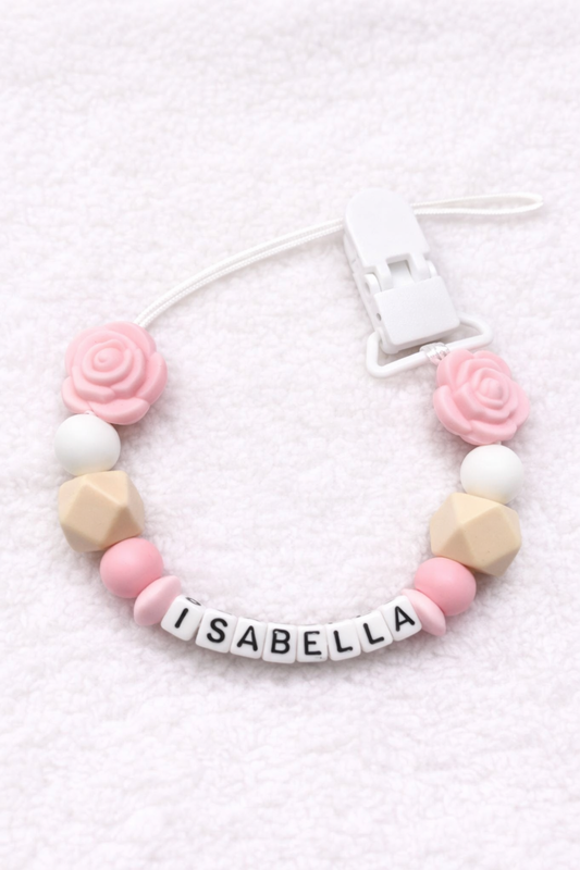 Personalised Pink & Cream Rose Flower Dummy Clip (Small Plastic Letter Design)