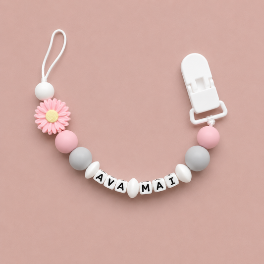 Personalised Pink Daisy Flower Dummy Clip (Plastic Letter Design)