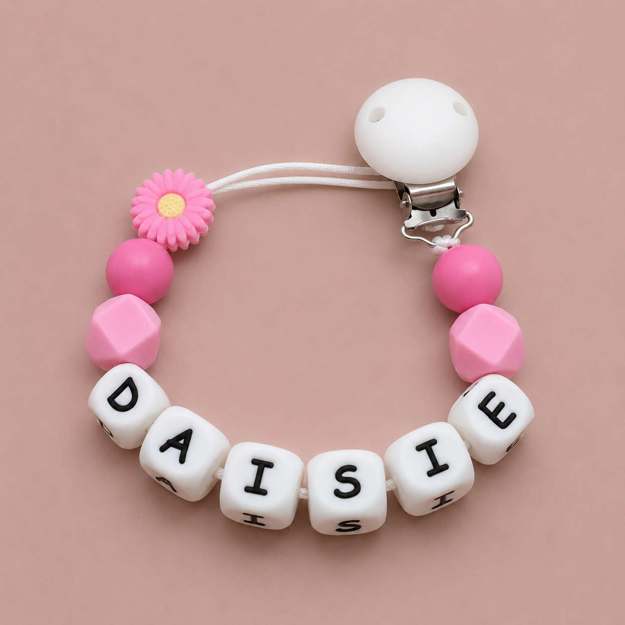 Personalised Hot Pink Daisy Flower Dummy Clip (Silicone Letter Design)