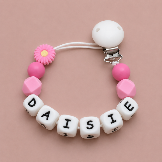 Personalised Hot Pink Daisy Flower Dummy Clip (Silicone Letter Design)