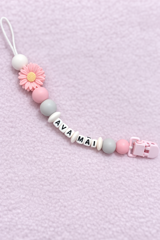 Personalised Pink Daisy Flower Dummy Clip (Small Plastic Letter Design)